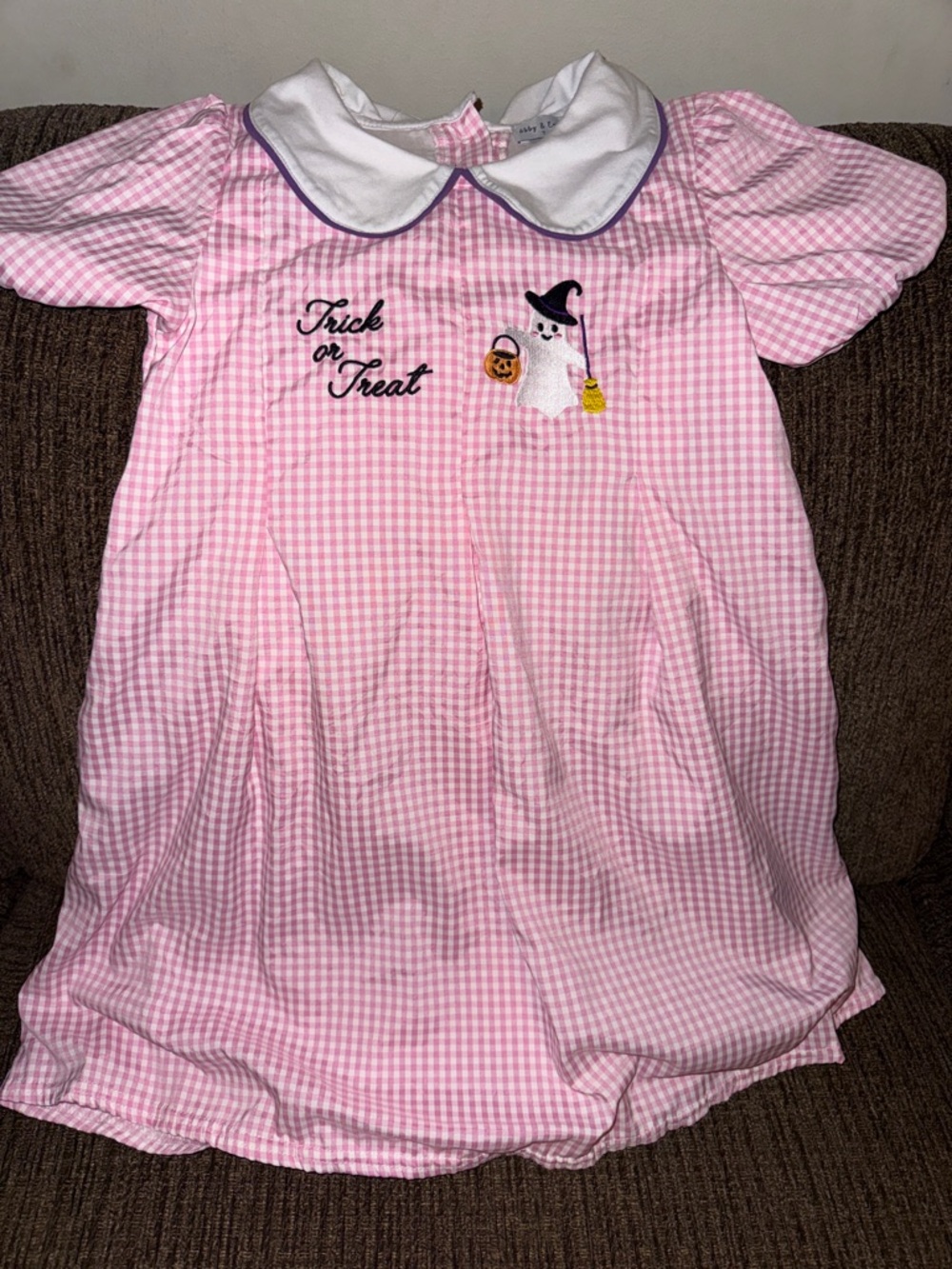 Pink Gingham Kids dress with Halloween Embroidery